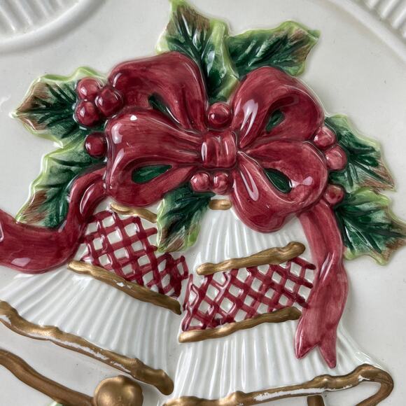 Fitz and Floyd Holiday Bells Canape Snack Cookie Plate Christmas 8 3/4" Gold Red - Picture 6 of 11